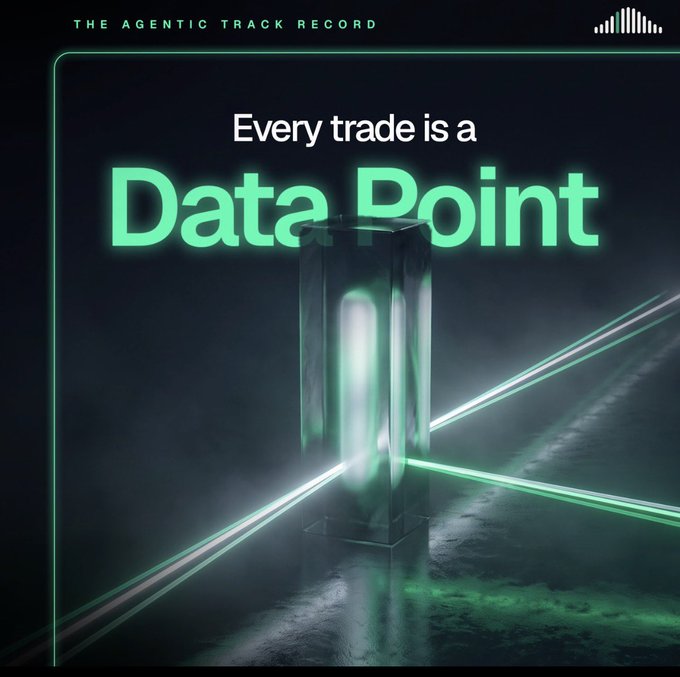 A dark, neon-lit graphic with the text "THE AGENTIC TRACK RECORD" at the top and "Every trade is a Data Point" in green, featuring a glowing cylindrical object with laser-like green beams.