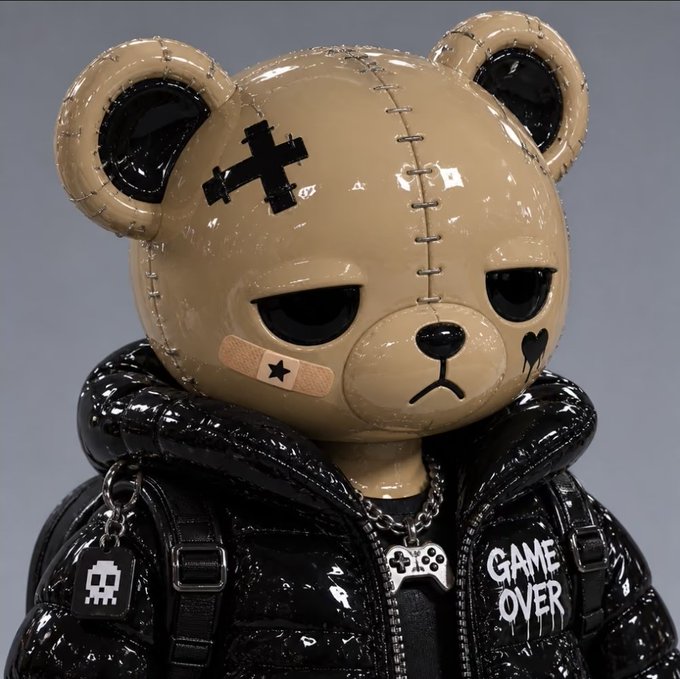 A glossy beige designer-style bear figure with stitches and a cross tattoo wears a black puffy jacket featuring 'GAME OVER' text and a controller necklace.