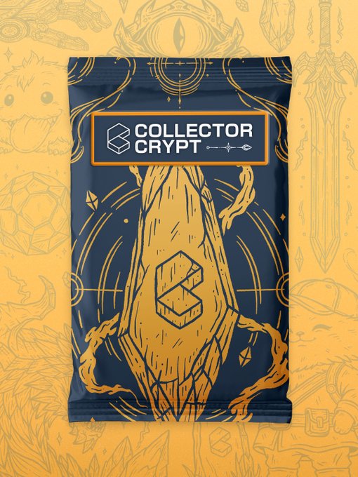 A sealed Collector Crypt trading card pack featuring an ornate gold and navy blue design with a central diamond-shaped logo rests against a background of faintly illustrated gaming and fantasy elements like a Pokéball, sword, and sword-and-shield crest, fitting the post's tease of an upcoming gacha machine drop.