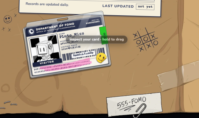 A digital illustration of an ID card from the 'Department of FOMO' titled 'Office of Missed Classifications' for 'Fluto Miss', featuring a pixel character and tic-tac-toe doodles on a cardboard background with '555-FOMO' written on a note.