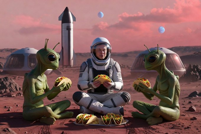 AI-generated image of an astronaut sitting cross-legged on Mars eating tacos alongside two green aliens, with a SpaceX rocket and habitat domes in the background under a pink sky.