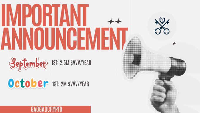 An announcement graphic displaying price changes with a megaphone, reading 'IMPORTANT ANNOUNCEMENT September 1ST: 2.5M $VVV/YEAR October 1ST: 2M $VVV/YEAR' and signed by 'GAOGAO CRYPTO'.