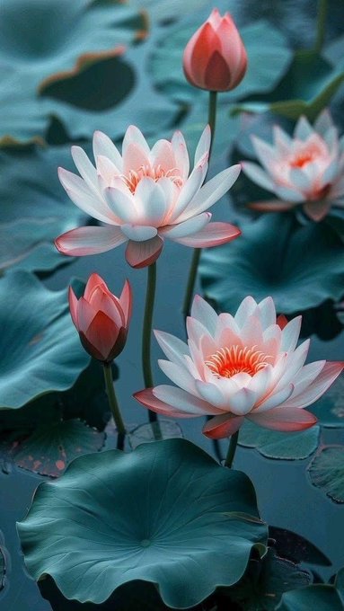 The image features a beautiful scene of pink and white flowers floating on water surrounded by green leaves. The flowers are arranged in two rows, with three flowers in each row. The background appears to be a light blue color, which complements the vibrant colors of the flowers. In the corner of the image, there is text that reads "Good Morning @NomismaNetwork and @useTria".