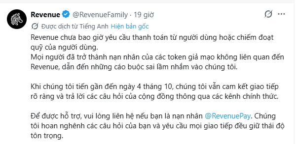 A tweet from Revenue (@RevenueFamily) written in Vietnamese, addressing the community about claims regarding scam tokens and directing users to contact @RevenuePay for support.