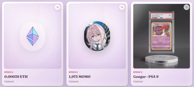 Three NFT claim cards displayed in an app, showing an Ethereum logo (0.00059 ETH), an anime character badge (1,975 MOMO), and a graded Pokemon Gengar card (Gengar - PSA 9).