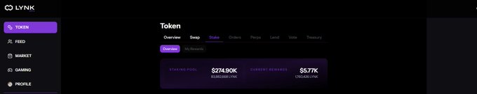 LYNK crypto dashboard showing Token Overview with Staking Pool $274.90K (8,182,668 LYNK) and Current Rewards $5.77K (105,486 LYNK); sidebar has Token, Feed, Market, Gaming, Profile.