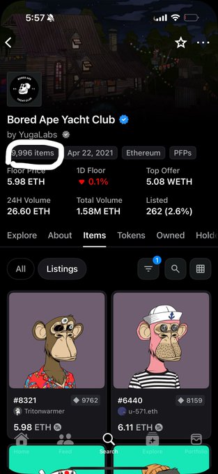 A screenshot of the OpenSea app showing the 'Bored Ape Yacht Club' NFT collection by Yuga Labs, displaying a Floor Price of 5.98 ETH and 9,996 items, with visible listings for apes #8321 'Tritonwarrior' and #6440 'u-571.eth'.