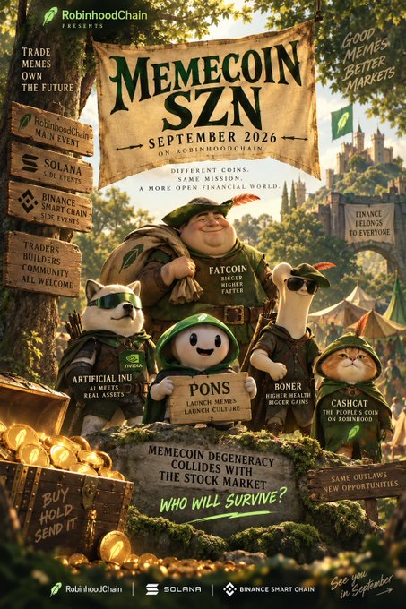 A promotional poster for "MEMECOIN SZN SEPTEMBER 2026 ON ROBINHOOD CHAIN" featuring cartoon characters labeled FATCOIN, ARTIFICIAL INU, PONS, BONER, and CASHCAT, with the tagline "MEMECOIN DEGENERACY COLLIDES WITH THE STOCK MARKET. WHO WILL SURVIVE?" and logos for Robinhood Chain, Solana, and Binance Smart Chain.
