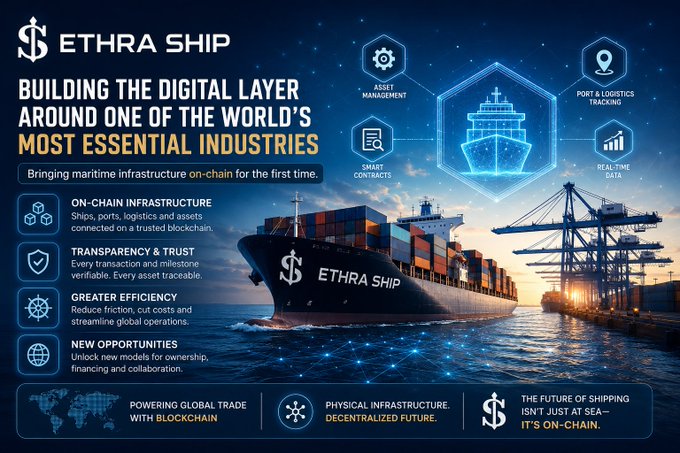 A promotional graphic for 'SETHRA SHIP' advertising 'BUILDING THE DIGITAL LAYER AROUND ONE OF THE WORLD'S MOST ESSENTIAL INDUSTRIES' with a cargo ship image and icons highlighting on-chain infrastructure, transparency, and efficiency.
