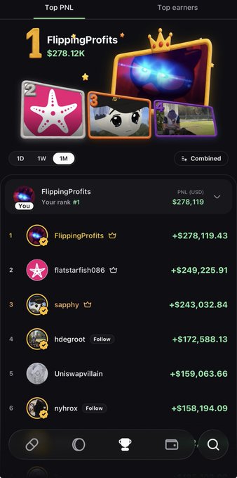 A screenshot of a "Top PNL" leaderboard where "FlippingProfits" sits at #1 with a PNL of $278,119, showing a 1M timeframe view, supporting the post's claim of aiming to reach $1,000,000 in earnings.