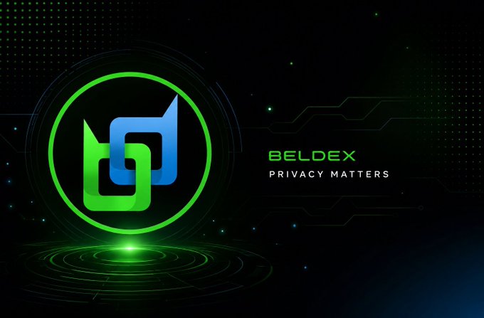 The image displays the Beldex logo featuring a stylized green and blue "d" symbol encircled by a glowing green ring against a dark, tech-themed background with circuit-like patterns. The text "BELDEX" and "PRIVACY MATTERS" appears beside the logo, visually reinforcing the post's emphasis on $BDX as a privacy-focused blockchain ecosystem.