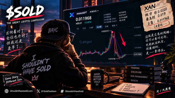 A dramatic scene of a person wearing a 'BAYC' cap and a jacket reading 'I SHOULDN'T HAVE SOLD' watching a cryptocurrency chart showing the XAN/USDT pair dropping, with text '$SOLD - THE GREAT CRYPTO CONFESSION' and 'isoldtoosoon.com'.
