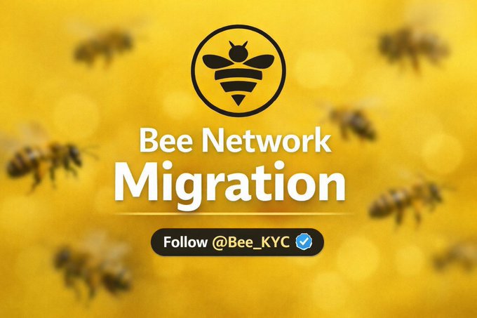The image shows a promotional graphic for "Bee Network Migration" featuring the Bee Network bee logo on a golden-yellow background with illustrated bees flying around. It includes a call-to-action button reading "Follow @Bee_KYC" with a verified checkmark, directly supporting the post's reminder that users must complete KYC verification to migrate only verified Bee Tokens to their wallets.