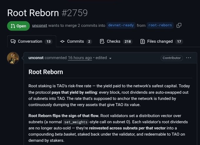 The image shows a screenshot of a conversation between two people, with one person's name displayed at the top left corner and the other person's name visible at the bottom right corner. They are discussing Root Reborn, which has been identified as a root stakeering tip for TAO subnets that was posted by rootreborn.ca in July 2009. The conversation is focused on a recent article published by TAO subnets, which talks about Root Reborn and its implications on rootstaking reward.