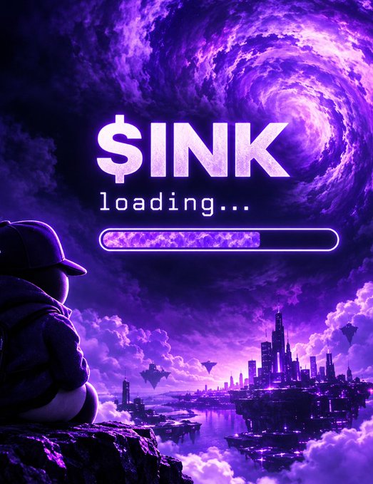 A purple-toned digital artwork showing a hooded figure looking at a futuristic city, with text reading '$INK loading...' above a progress bar.