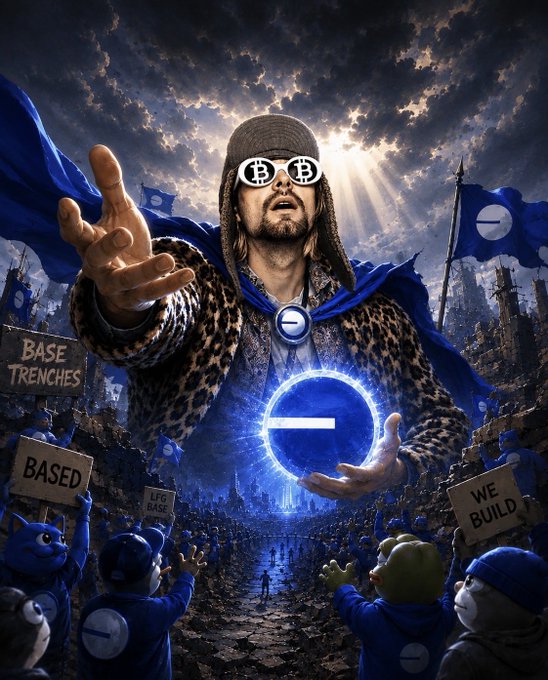 A meme-style image showing a man with long hair, a beanie, and 'Bitcoin' sunglasses in a leopard-print coat, channeling blue energy into a glowing circle with a line through it, surrounded by a crowd of cartoon bears holding signs reading 'BASE TRENCHES', 'BASED', 'LFG BASED', and 'WE BUILD'.