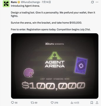 A promotional graphic from Kuru Exchange announcing a free-to-enter trading bot competition called "Agent Arena" with a $100,000 prize pool, where the last agent standing wins. The image complements the post's mention of Monad ecosystem projects hosting events, highlighting this specific competition beginning July 21st as a key example.