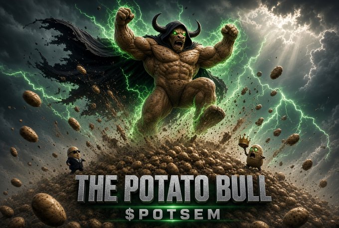 A dramatic meme image titled "THE POTATO BULL $POTSEM" depicting a horned, muscular monster emerging from a pile of potatoes amid green lightning, with small crowned potato minions.