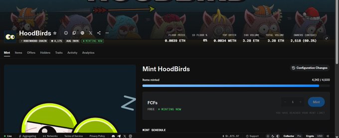 Screenshot of a HoodBirds NFT minting page showing 4,362 of 4,500 items minted with a price of 0.0695 ETH and stats including 7 day volume of 3.28 ETH.