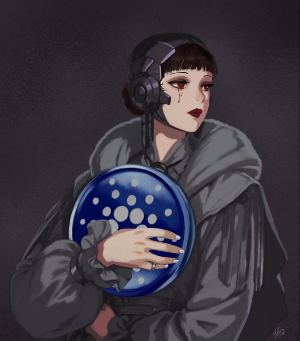 A digital illustration of an anime-style woman wearing headphones and a grey jacket, with striking red eyes and red tear-like markings, holding a blue circular object with white dots.