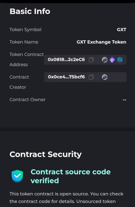 A screenshot displaying "Basic Info" for the GXT Exchange Token, showing its contract addresses on Ethereum and other networks, with a "Contract Security" section indicating that the contract source code is verified. The image relates to the post by highlighting publicly verifiable on-chain information about GXT to aid in scam detection research.