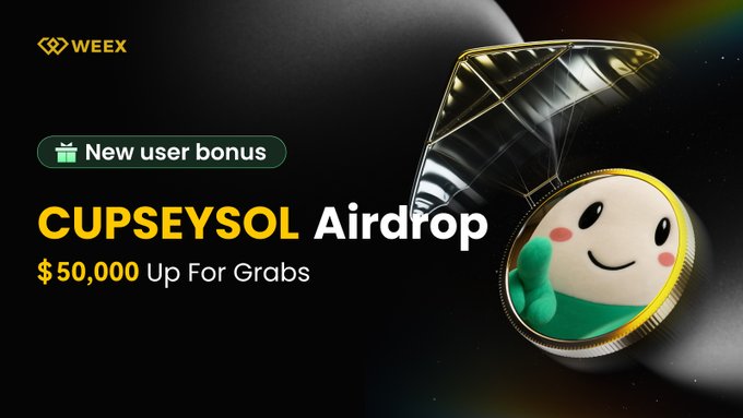 WEEX promotional banner for a $CUPSEYSOL airdrop offering $50,000 in rewards for new users, featuring a smiling cartoon mascot holding a gift and running alongside a token. The banner advertises the campaign running from July 28 to August 4, 2026.