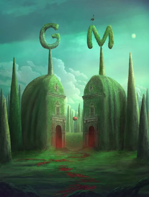 A surreal fantasy landscape features two large moss-covered structures shaped like the letters "G" and "M" atop buildings with red doorways, set in a green topiary garden with a small bird perched on the M and a ladybug floating between the structures.