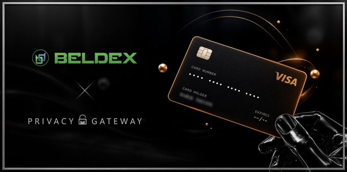 A promotional graphic features the 'BELDEX' logo and 'PRIVACY GATEWAY' text next to a sleek black VISA card being held by a gloved hand, surrounded by glowing orbital rings.