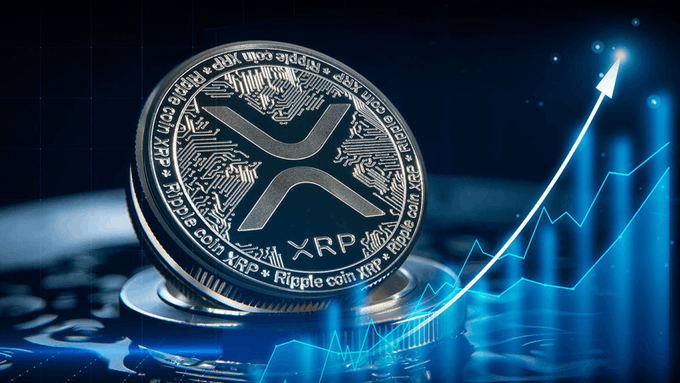 A physical XRP/Ripple cryptocurrency coin sits prominently beside a glowing upward-trending chart with an arrow, symbolizing the rising demand and growth of yield products tied to the token, as referenced in the post about Clearstar's expanding XRP vault.
