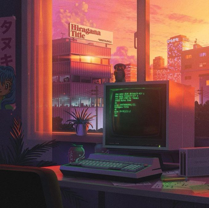 A vaporwave-style digital artwork shows a retro computer setup with a CRT monitor displaying green code on a desk by a window, overlooking a Japanese cityscape at sunset with signs reading "Hiragana Title" and katakana text.