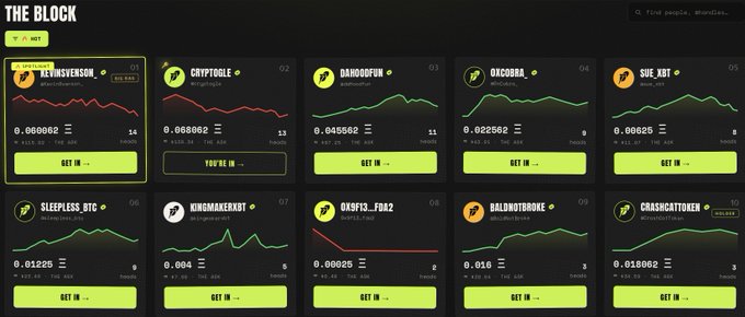 The image displays "THE BLOCK" dashboard featuring cryptocurrency tokens on the PUMP platform, with "KEYINVERSEON" (a BTC-key-themed token) holding the #1 spot at a $13,000 market cap, while other competitors like CRYPTOOGLE (#2), BANBOOFUN (#3), and DXCOBRA (#4) trail behind with lower market caps ranging from $2K to $11K. The dashboard's competitive rankings and active "GET IN" buttons visually support the caption's reference to the "heating up" competition for the top keys position, with KEYINVERSEON appearing to be the newly launched frontrunner.