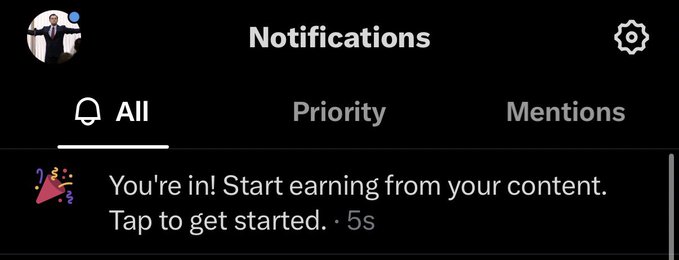 A mobile notifications screen displaying an alert with a party popper icon that says 'You're in! Start earning from your content. Tap to get started.'