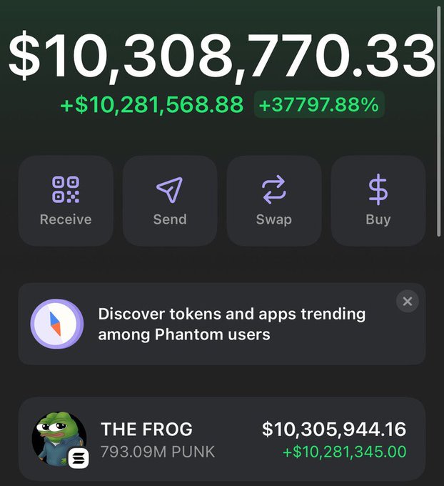 A Phantom wallet screenshot displays a portfolio balance of $10,308,770.33, featuring a "THE FROG" token holding of 793.09M $PUNK valued at $10,305,944.16 with a gain of +$10,281,345.00, visually supporting the post's claim of holding 1% of $PUNK supply while sending the ticker to $60M.