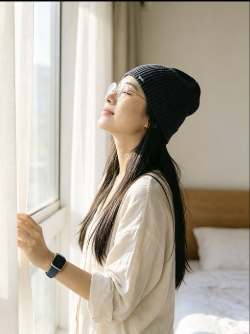 A young woman in a beanie and glasses stands by a window with sheer curtains, wearing a smartwatch and a loose cream-colored top.