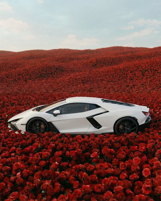 A white Lamborghini sports car sits amid a vast field of red roses, with the car itself nearly camouflaged by the rolling sea of crimson blooms stretching to the horizon. The image's striking contrast between the luxurious vehicle and the natural landscape of red flowers complements the post's "river" metaphor, as the flowing field of roses visually mirrors the $RIVER token reaching its destination.