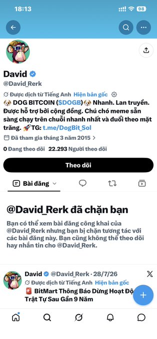 The image shows a Twitter/X profile for "@David_Rerk" with the display name "David," featuring a bio promoting "DOG BITCOIN ($DOGE)" with phrases like "Lan truyền," "Được hỗ trợ bởi cộng đồng," and "chủ meme sàn sàng chạy trên chuỗi nhanh nhất và dưới theo mặt trăng," along with a pinned tweet from BitMart about a "Trật Tự Sau Gần 9 Năm" announcement; the post context referencing "32 name changes" appears to relate to the rapidly changing account names often associated with pump-and-dump crypto scam schemes.