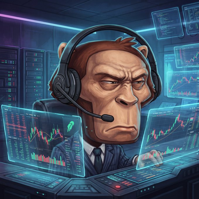 A digital illustration of a serious-looking monkey/ape trader wearing a headset and suit, surrounded by holographic stock/crypto trading charts in a server room.