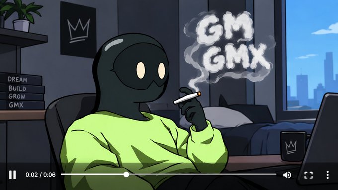 An animated character in a black ski mask and green shirt smoking a cigarette, with smoke forming the words 'GM GMX', surrounded by 'DREAM BUILD GROW GMX' text.
