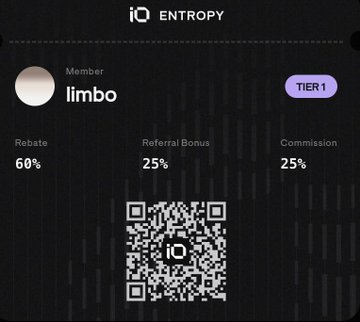 A dark-themed 'iQ ENTROPY' member card for user 'limbo' showing Tier 1 status with a 60% rebate, 25% referral bonus, 25% commission, and a central QR code.