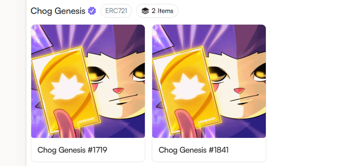 A digital collectibles page showing two NFT items titled 'Chog Genesis #1719' and 'Chog Genesis #1841' featuring a purple creature holding a yellow card, with 'ERC721' and '2 Items' labels at the top.