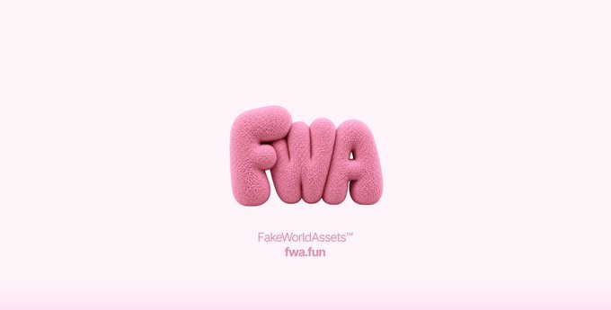A pink, fluffy 3D-styled logo spelling 'FWA' with the text 'FakeWorldAssets™' and 'fwa.fun' underneath.
