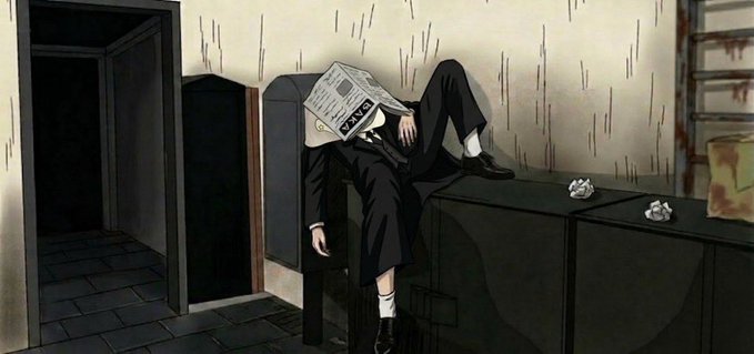 An illustrated scene of a person in a suit reading a newspaper over their face, sitting on a counter with their feet up in a dimly lit room.