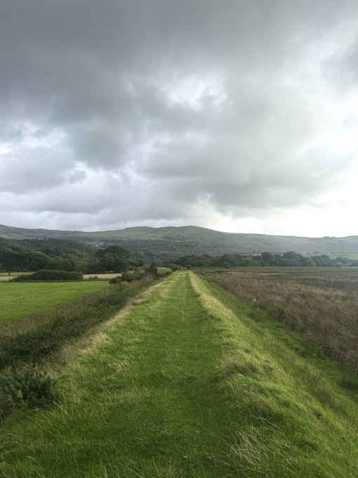 A grassy path stretches through a green countryside landscape under an overcast, cloudy sky.