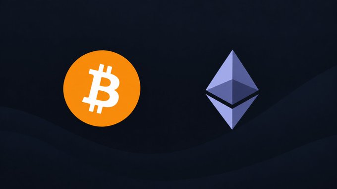 The orange Bitcoin logo (BTC) displayed next to the blue Ethereum diamond logo (ETH) against a dark background with faint wave patterns.
