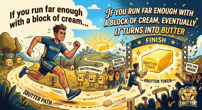 The image features a cartoon depiction of two men running towards a golden butter block, with one man being a superhero and the other a regular person. The scene takes place around a track where they are racing against time as they try to reach the butter before it turns into $BUDER! CA: EWyfFLiUWDgkY8YG7u4FKszrDvew85HvPz9A9c1Kpump. The post is about promoting a product, specifically butter, and encourages people to run far enough with the cream to turn it into $BUDER! CA: EWyfFLiUWDgkY8YG7u4FKszrDvew85HvPz9A9c1Kpump.
