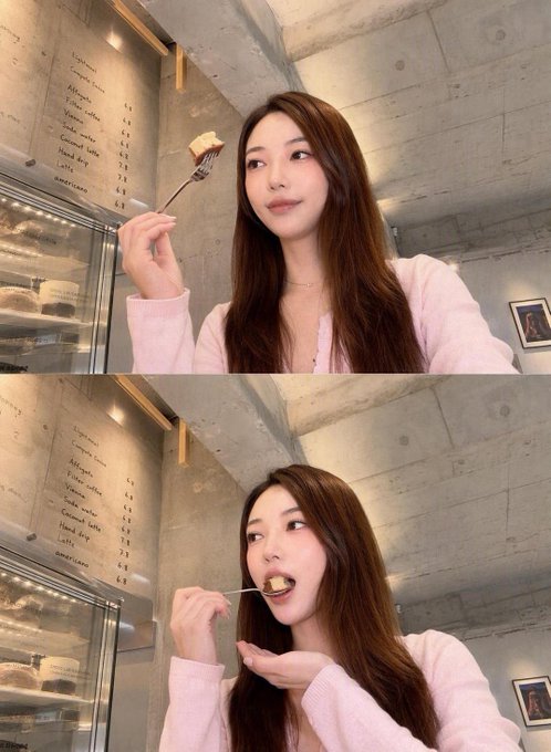 Two stacked frames of a woman with long brown hair in a pink cardigan eating with a fork in what appears to be a bakery or cafe.
