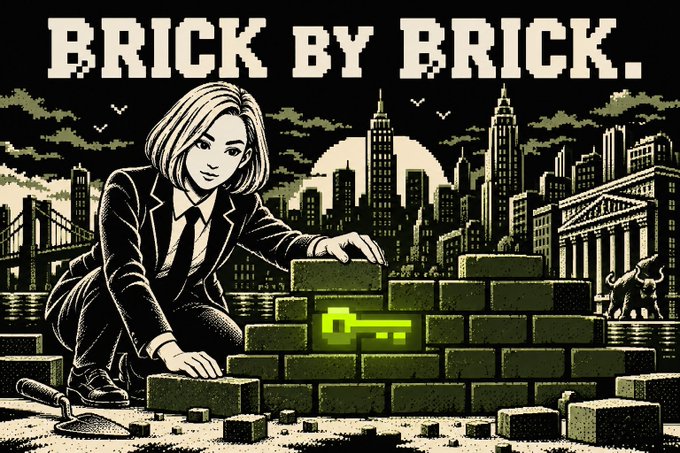 A pixel-art style illustration with the bold title 'BRICK BY BRICK.' showing a woman in a suit laying bricks in front of a city skyline, with a glowing green key embedded in the wall.