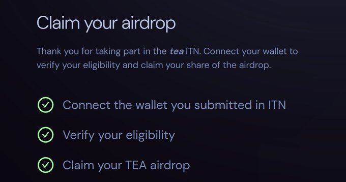 The image is a screenshot of an e-signature page that appears to be designed for signing up to claim your tea account. The page shows a series of questions, with four green checkboxes indicating that you have successfully completed each step. It seems like the user has gone through all the steps and now needs to submit their claim in order to receive their share of the airdrop.