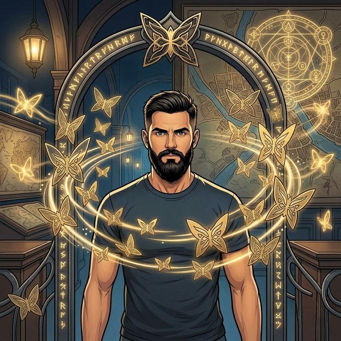 A digital illustration of a bearded man in a dark t-shirt standing before a stone archway, surrounded by glowing golden butterflies and arcane symbols.
