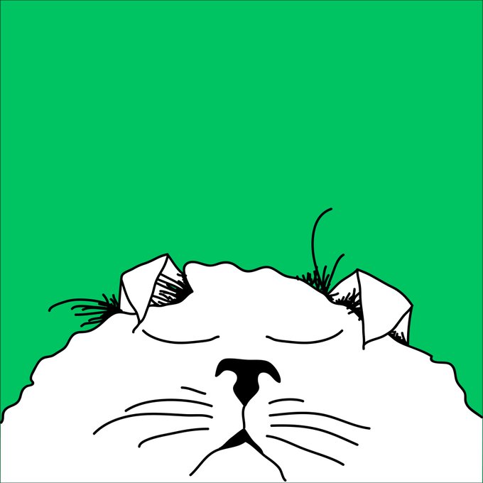 A stylized illustration depicts the upper portion of a white cat's face with its eyes closed against a solid green background.
